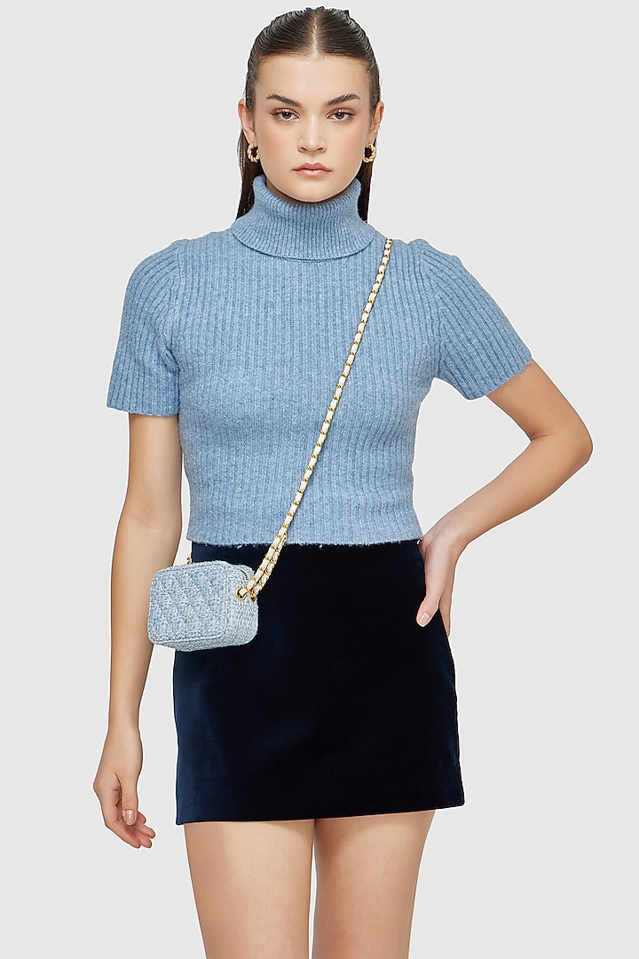 Blue Tweed & Faux Leather Mini Crossbody Bag by Miraggio