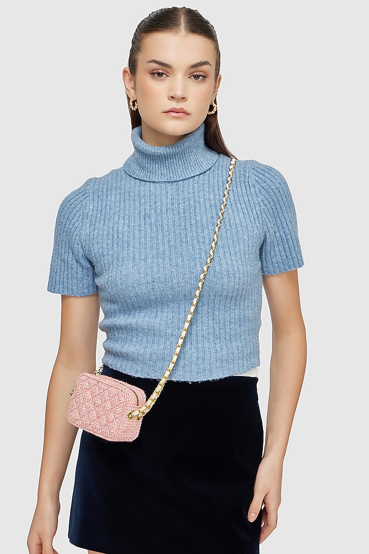 Pink Tweed & Faux Leather Mini Crossbody Bag by Miraggio