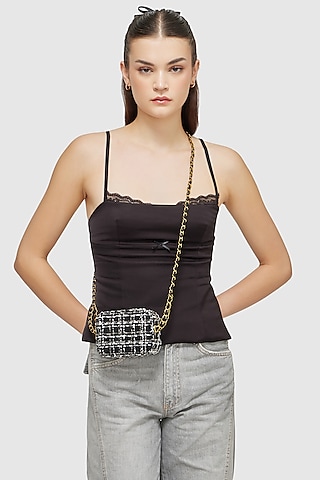 Black Tweed & Faux Leather Mini Crossbody Bag by Miraggio