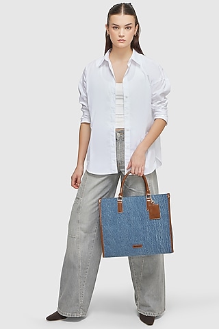 Blue & Brown Denim Tote Bag by Miraggio