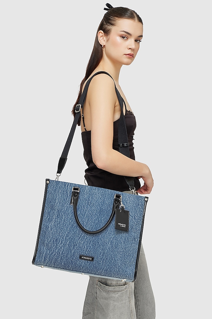 Blue & Black Denim Tote Bag by Miraggio
