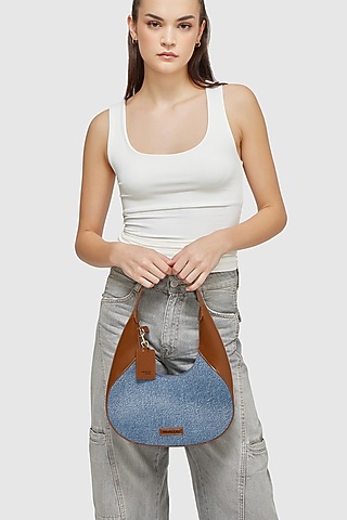 Blue & Brown Denim Shoulder Bag by Miraggio