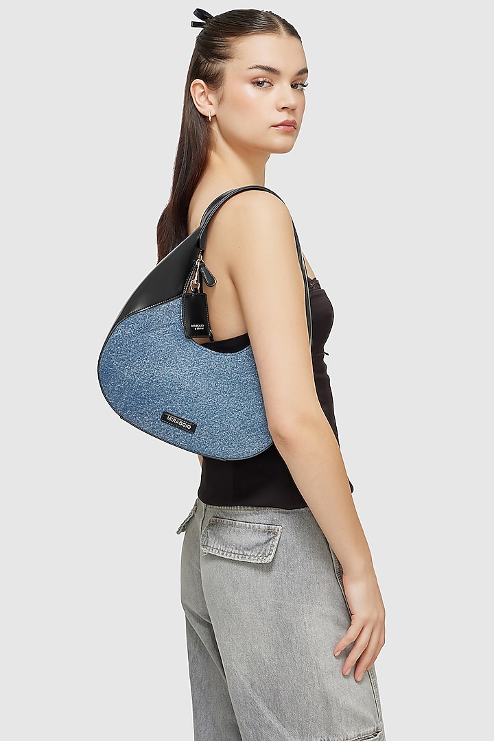 Blue & Black Denim Shoulder Bag by Miraggio