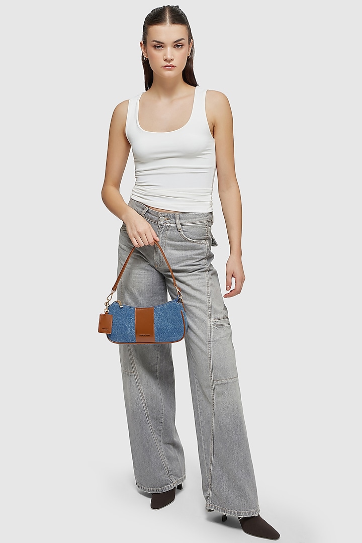 Blue & Brown Denim Shoulder Bag by Miraggio