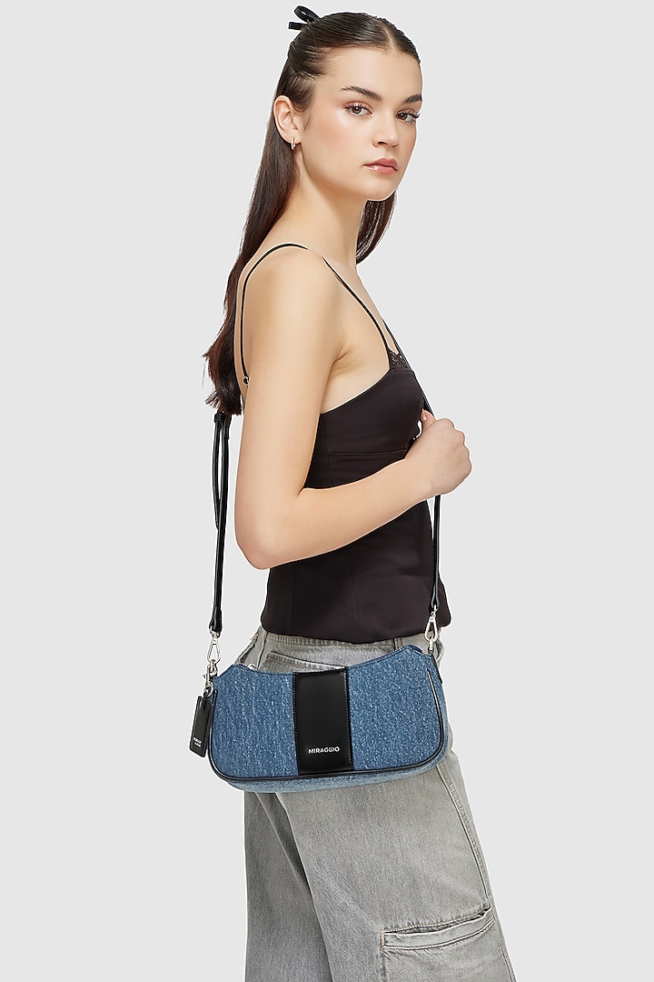 Blue & Black Denim Shoulder Bag by Miraggio