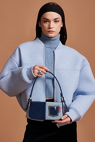 Blue Denim & Faux Leather Shoulder Bag by Miraggio