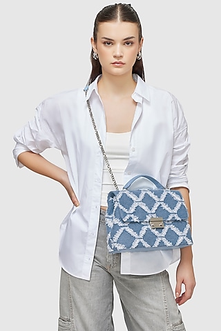 Blue Denim & Faux Leather Shoulder Bag by Miraggio