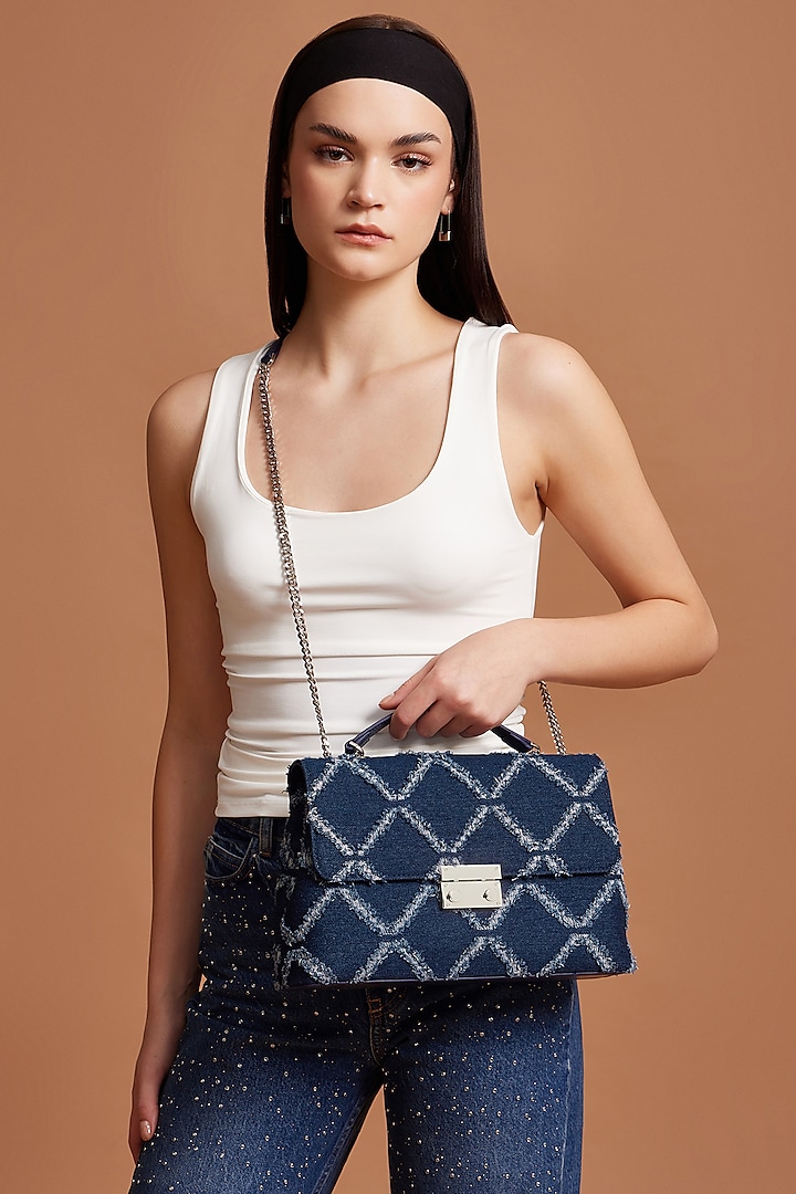 Blue Denim & Faux Leather Shoulder Bag by Miraggio