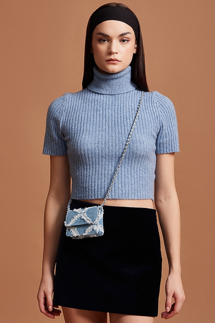 Blue Denim & Faux Leather Mini Crossbody Bag by Miraggio