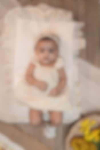 Off-White Cotton Handloom Stripe Printed Dress For Girls by Mirali at Pernia's Pop Up Shop