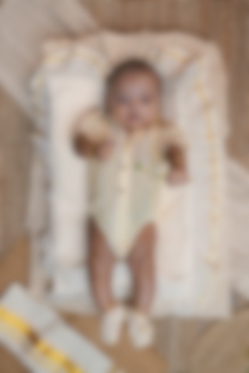 Off-White Cotton Handloom Stripe Printed Romper For Boys by Mirali at Pernia's Pop Up Shop