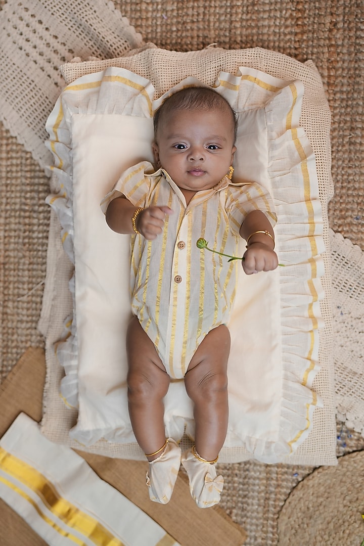 Off-White Cotton Handloom Stripe Printed Romper For Boys by Mirali at Pernia's Pop Up Shop