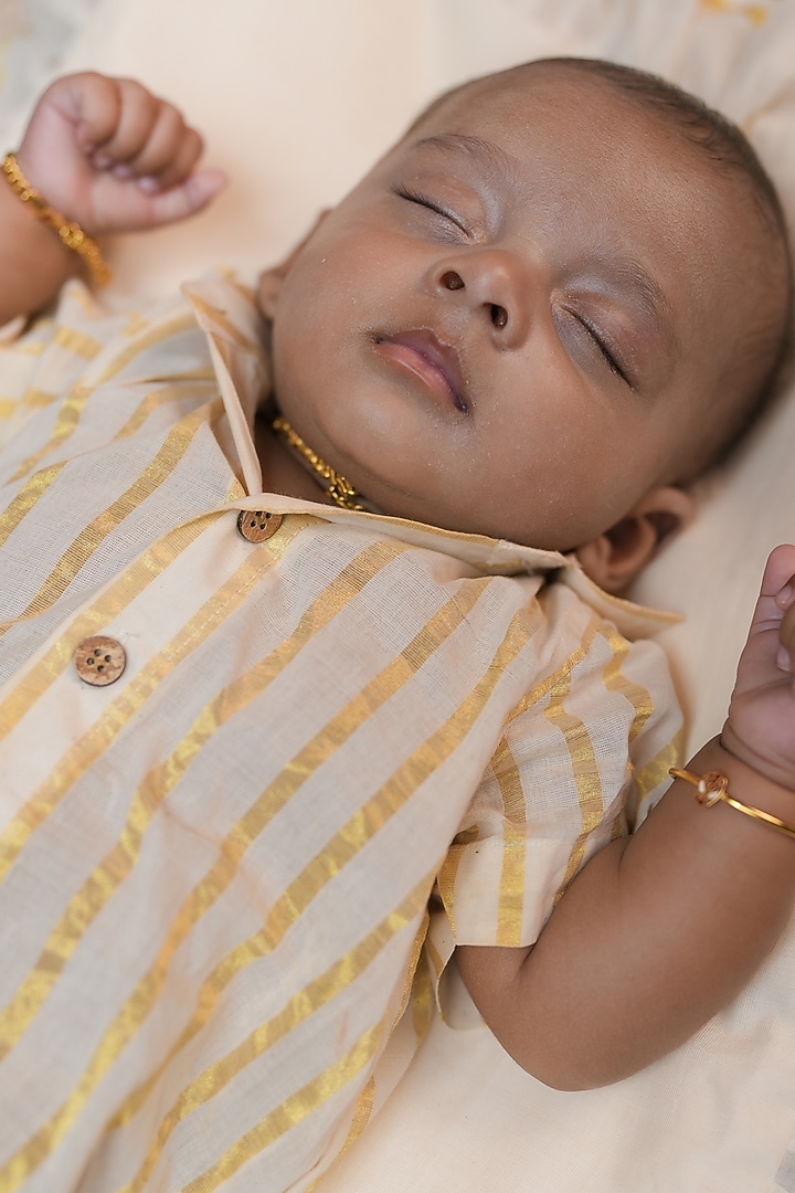 Off-White Cotton Handloom Stripe Printed Romper For Boys by Mirali at Pernia's Pop Up Shop