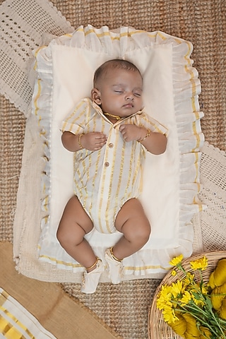 Off-White Cotton Handloom Stripe Printed Romper For Boys by Mirali