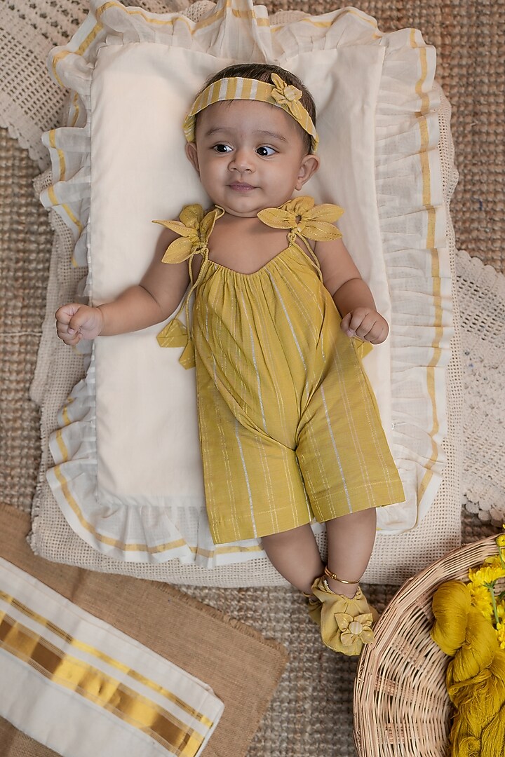 Yellow Cotton Handloom Stripe Printed Jumpsuit For Girls by Mirali at Pernia's Pop Up Shop