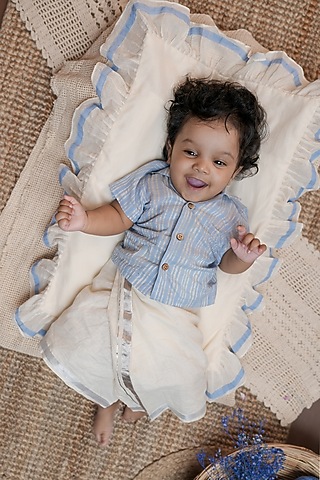 Blue Cotton Handloom Stripe Printed Shirt For Boys by Mirali