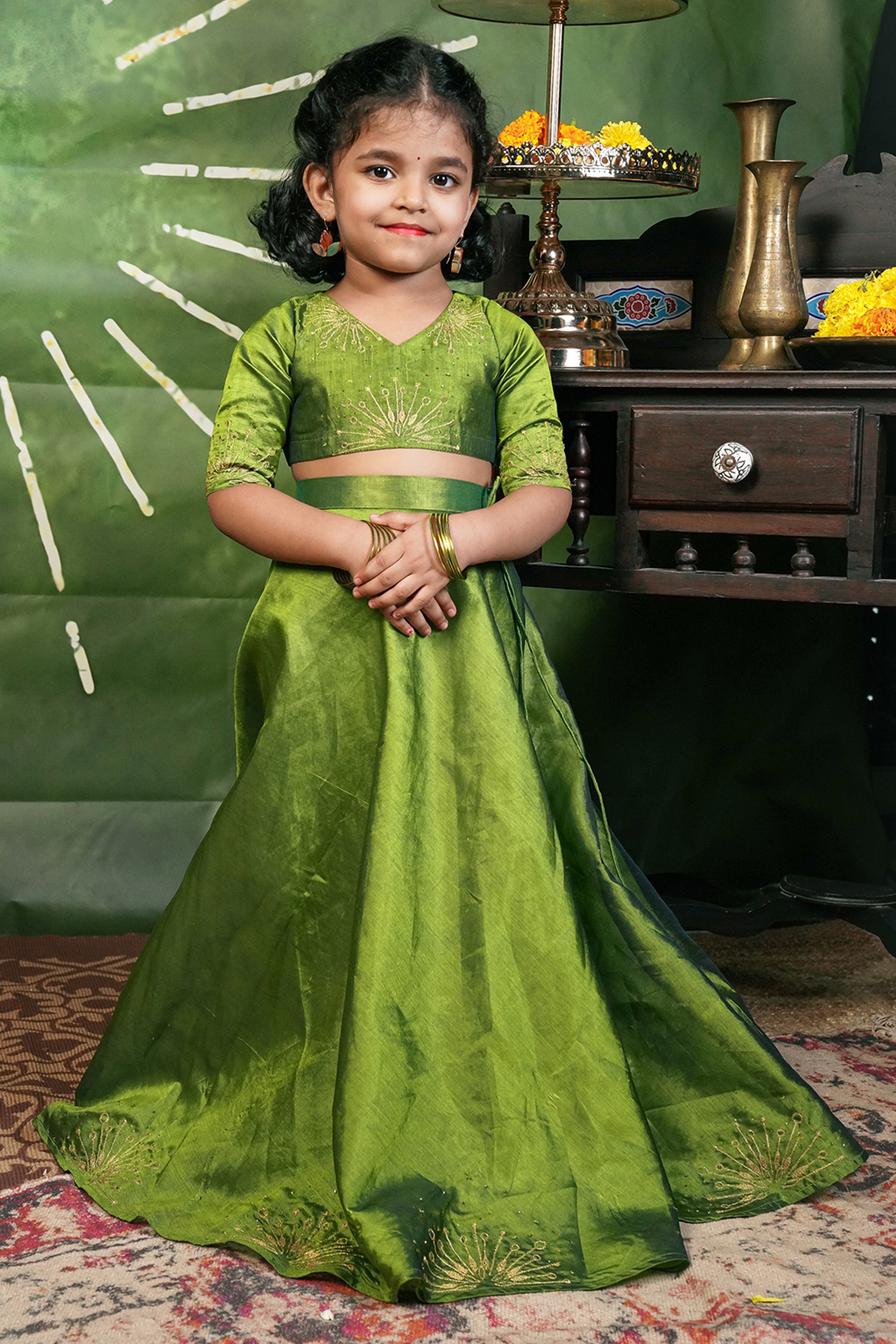 Monochrome Green Handloom Cotton Silk Skirt Set For Girls by Mirali at Pernia's Pop Up Shop