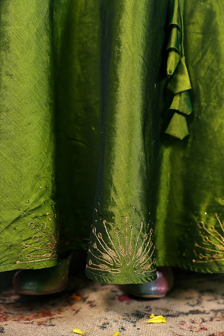 Monochrome Green Handloom Cotton Silk Skirt Set For Girls by Mirali at Pernia's Pop Up Shop