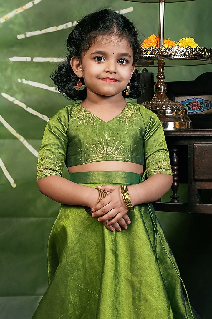 Monochrome Green Handloom Cotton Silk Skirt Set For Girls by Mirali at Pernia's Pop Up Shop