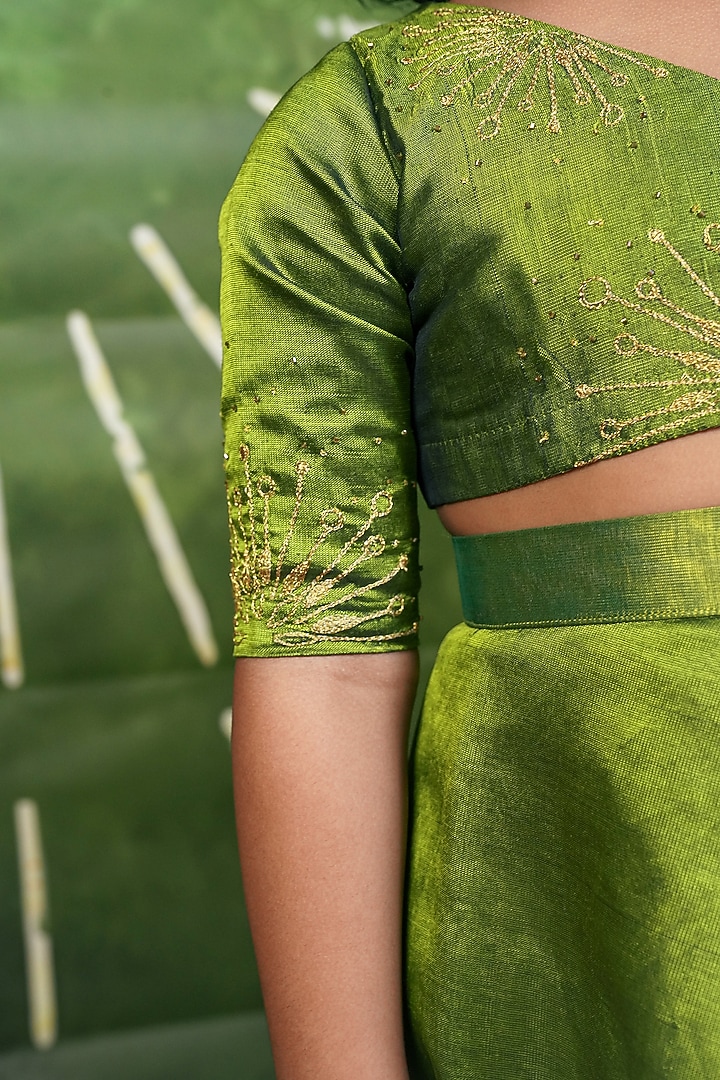 Monochrome Green Handloom Cotton Silk Skirt Set For Girls by Mirali at Pernia's Pop Up Shop