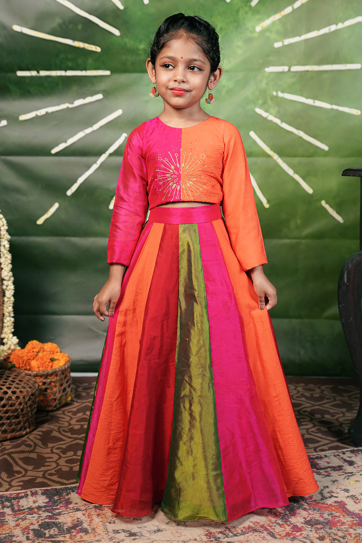 Multi-Colored Handloom Cotton Silk Skirt Set For Girls by Mirali at Pernia's Pop Up Shop