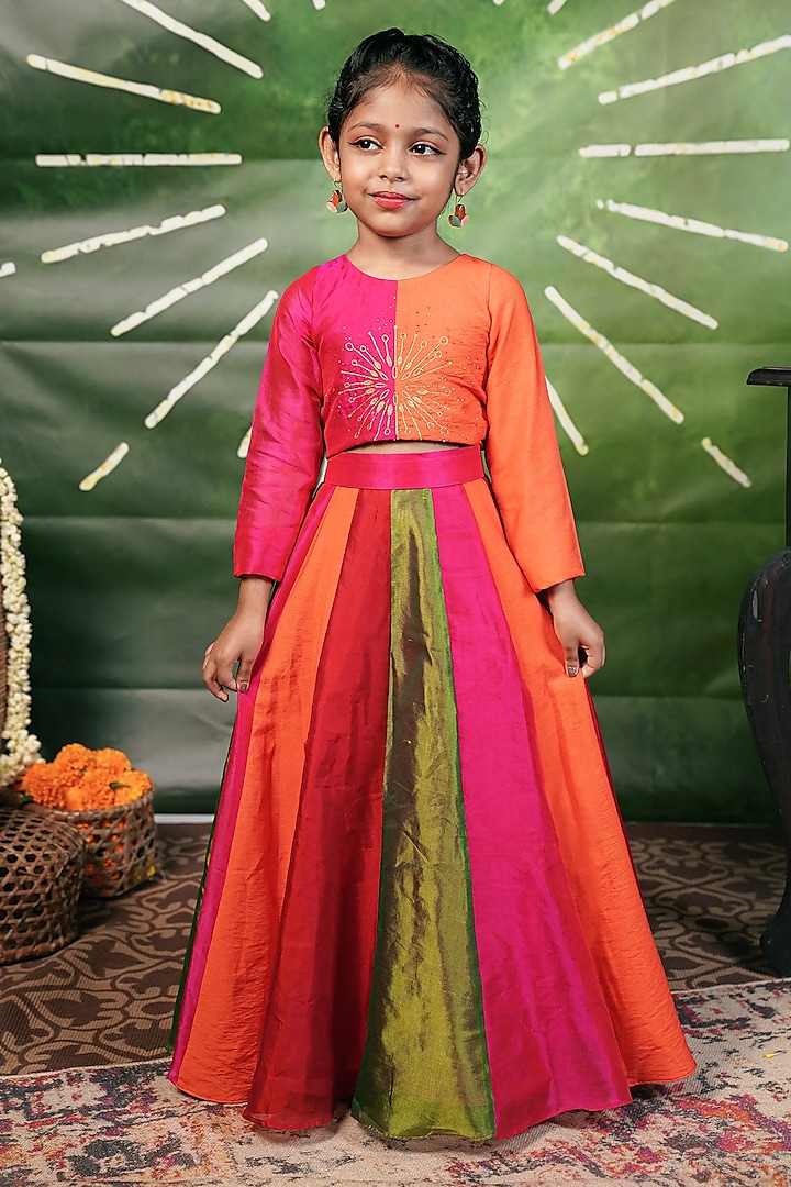 Multi-Colored Handloom Cotton Silk Skirt Set For Girls by Mirali at Pernia's Pop Up Shop