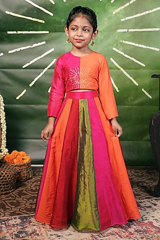 Multi-Colored Handloom Cotton Silk Skirt Set For Girls by Mirali
