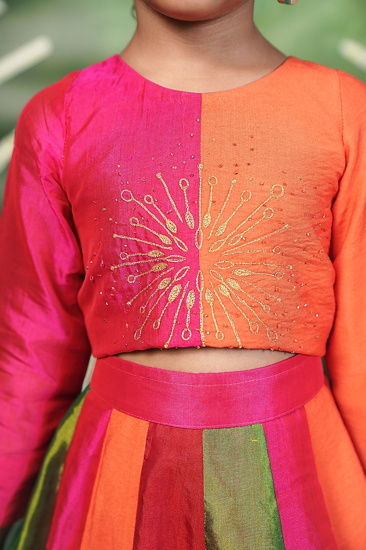 Multi-Colored Handloom Cotton Silk Skirt Set For Girls by Mirali at Pernia's Pop Up Shop