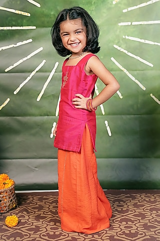 Orange Handloom Cotton Silk Pant Set For Girls by Mirali