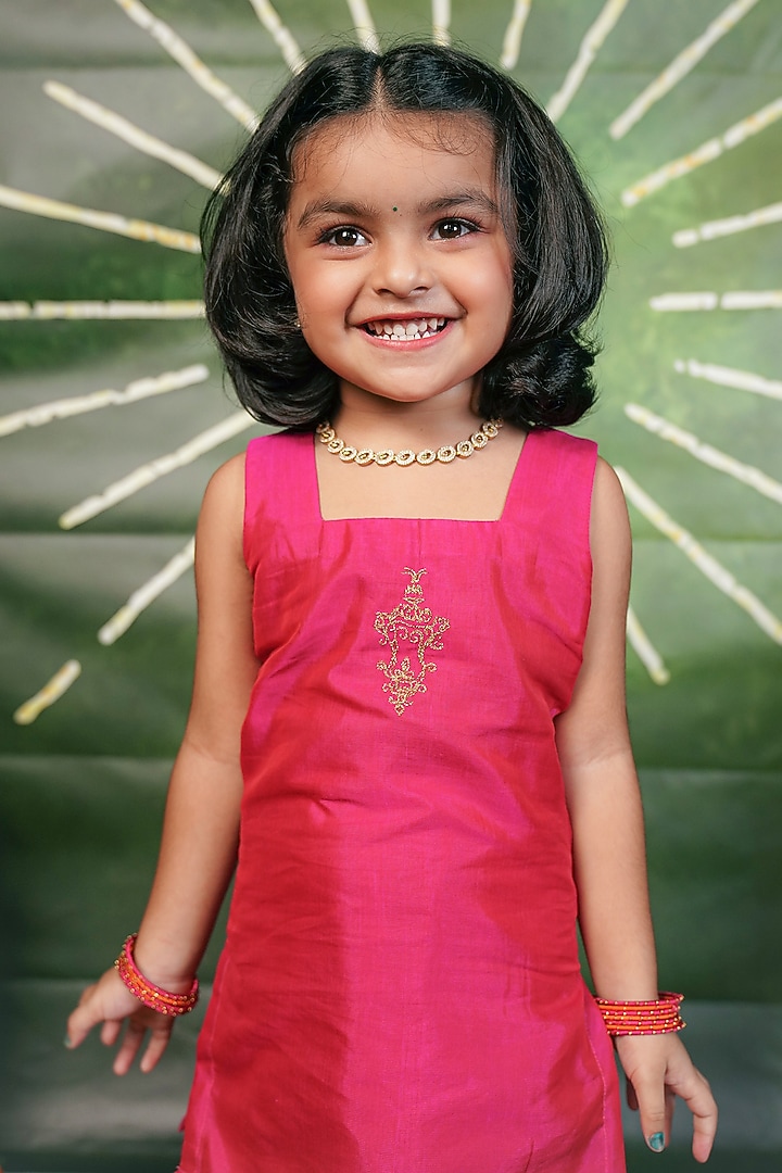 Orange Handloom Cotton Silk Pant Set For Girls by Mirali at Pernia's Pop Up Shop