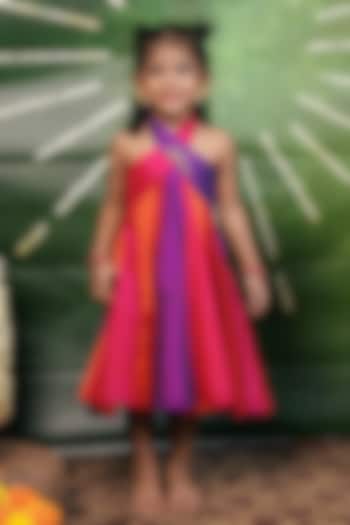 Multi-Colored Handloom Cotton Silk Machine Embroidered Dress For Girls by Mirali at Pernia's Pop Up Shop