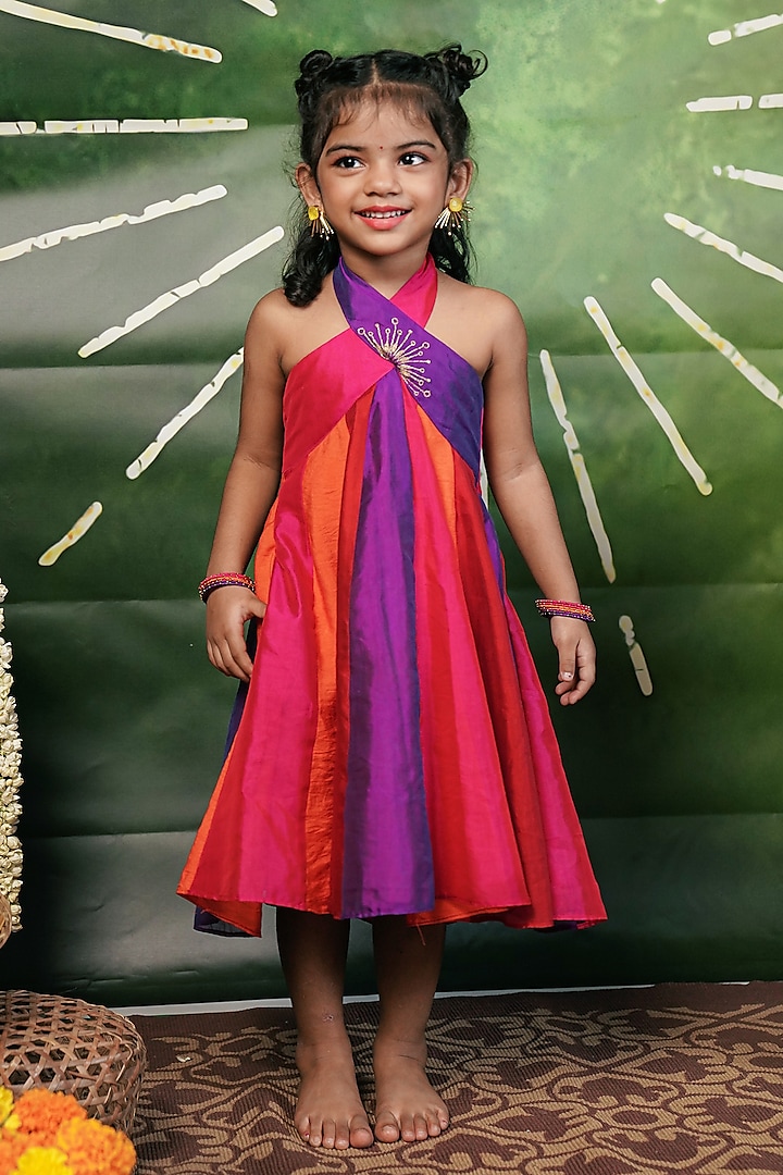 Multi-Colored Handloom Cotton Silk Machine Embroidered Dress For Girls by Mirali at Pernia's Pop Up Shop