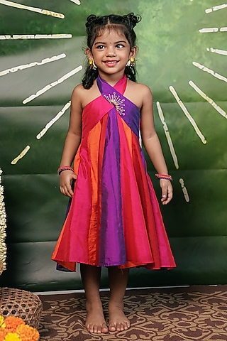 Multi-Colored Handloom Cotton Silk Machine Embroidered Dress For Girls by Mirali