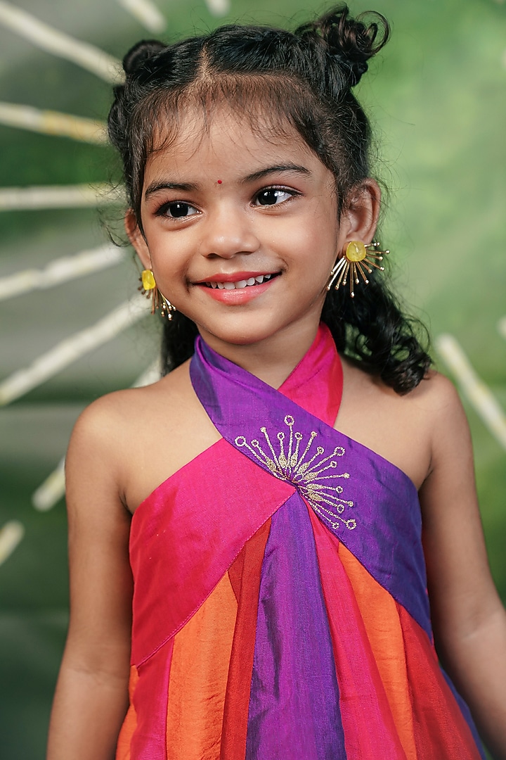 Multi-Colored Handloom Cotton Silk Machine Embroidered Dress For Girls by Mirali at Pernia's Pop Up Shop
