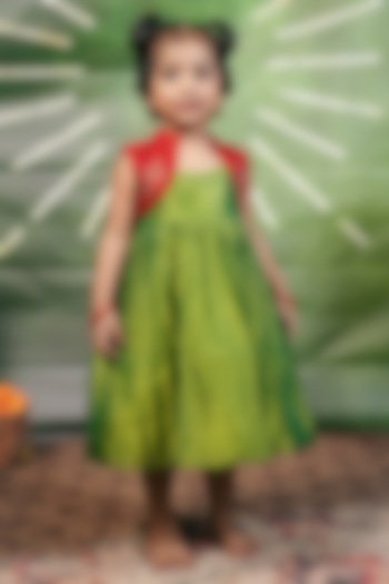 Green & Red Handloom Cotton Silk Machine Embroidered Jacket Dress For Girls by Mirali at Pernia's Pop Up Shop
