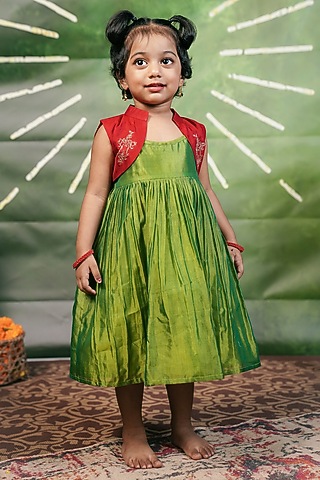 Green & Red Handloom Cotton Silk Machine Embroidered Jacket Dress For Girls by Mirali