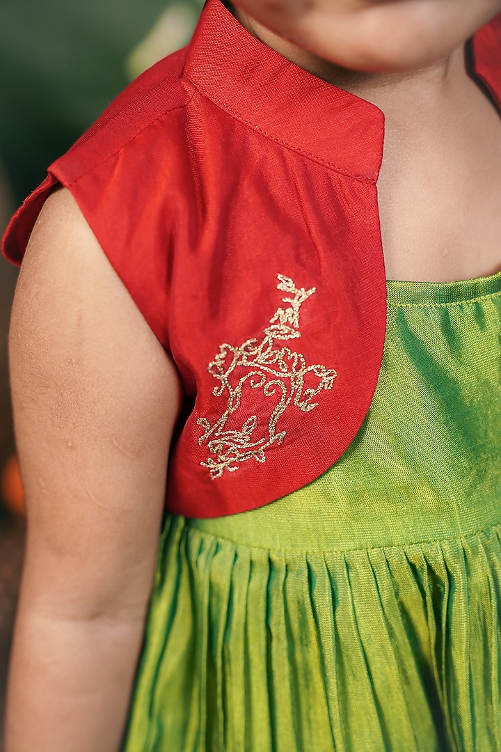 Green & Red Handloom Cotton Silk Machine Embroidered Jacket Dress For Girls by Mirali at Pernia's Pop Up Shop