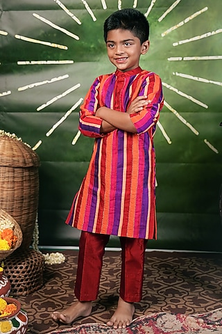 Multi-Colored Handloom Cotton Silk Machine Embroidered Kurta Set For Boys by Mirali