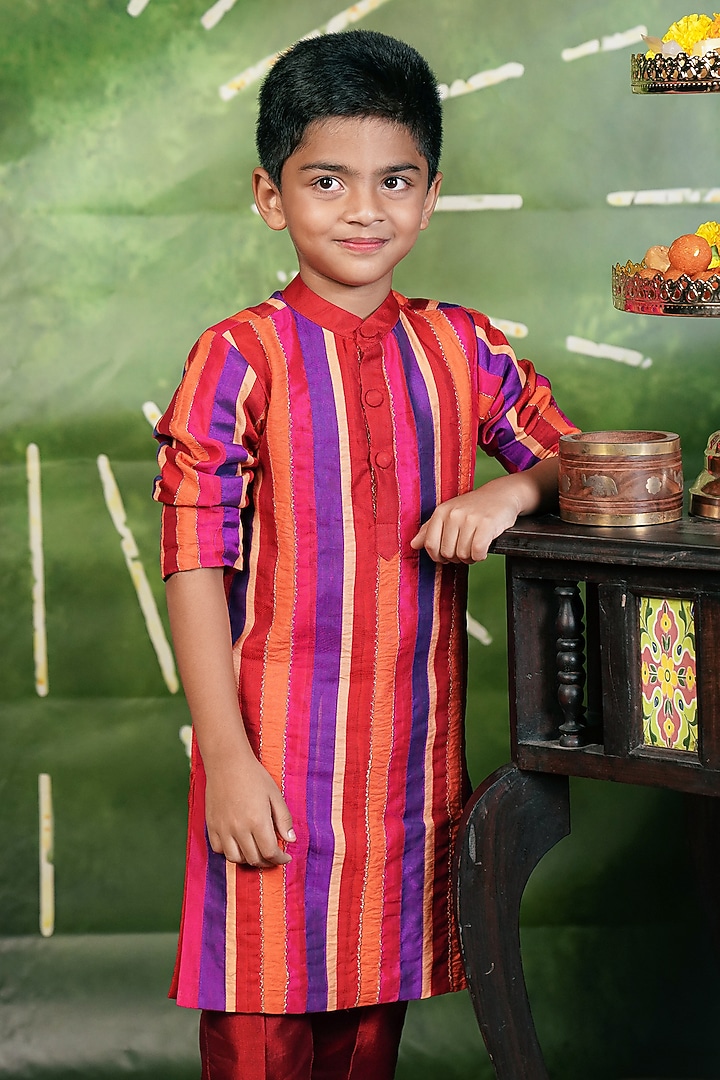 Multi-Colored Handloom Cotton Silk Machine Embroidered Kurta Set For Boys by Mirali at Pernia's Pop Up Shop