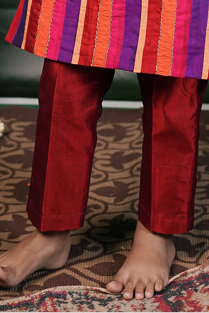 Multi-Colored Handloom Cotton Silk Machine Embroidered Kurta Set For Boys by Mirali at Pernia's Pop Up Shop