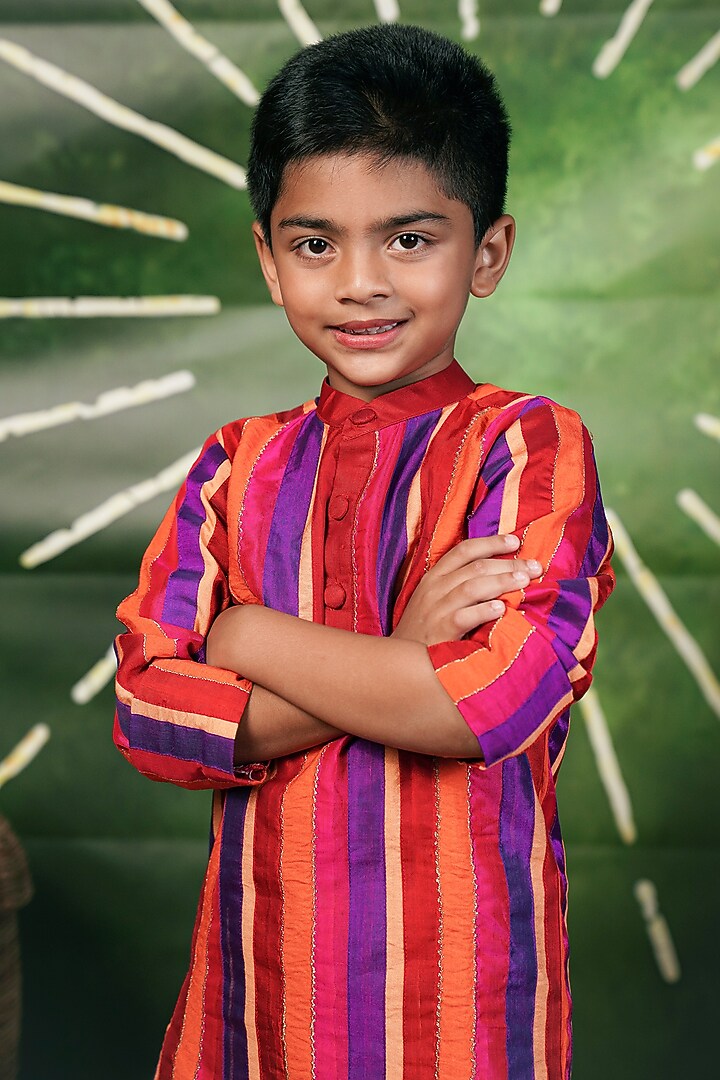 Multi-Colored Handloom Cotton Silk Machine Embroidered Kurta Set For Boys by Mirali at Pernia's Pop Up Shop