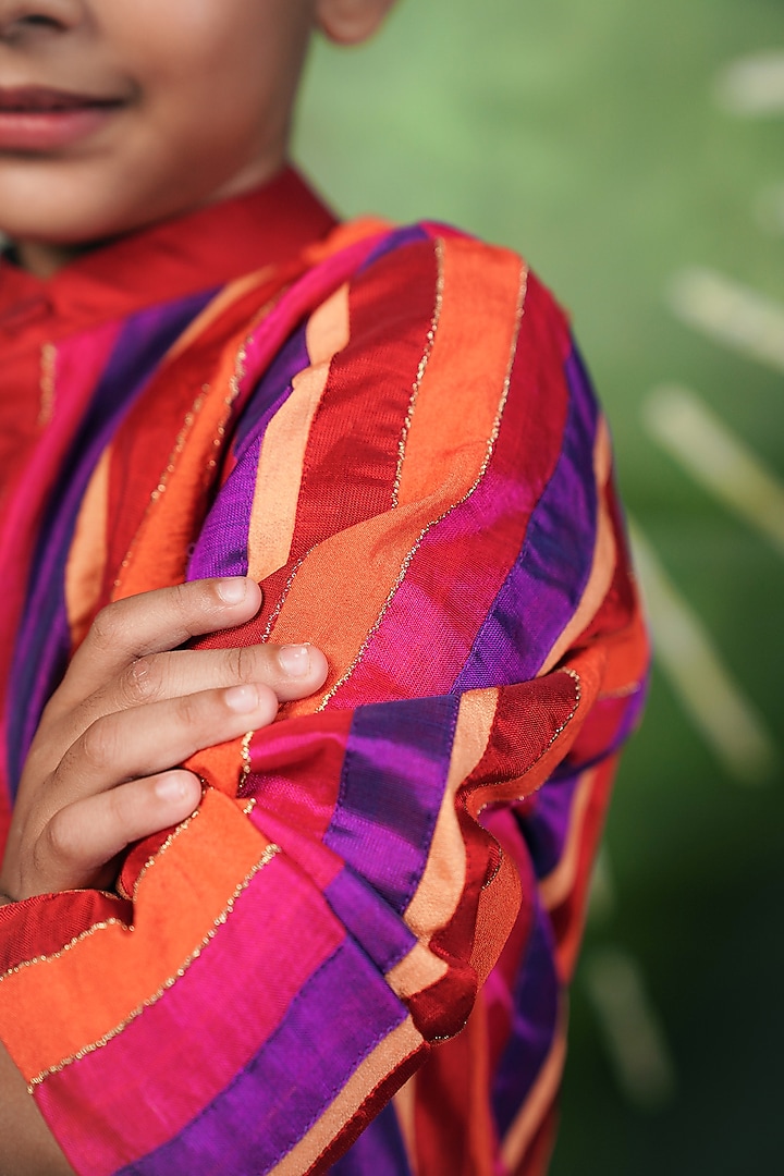 Multi-Colored Handloom Cotton Silk Machine Embroidered Kurta Set For Boys by Mirali at Pernia's Pop Up Shop