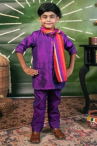 Purple Handloom Cotton Silk Kurta Set For Boys by Mirali