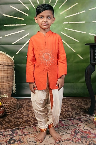 Orange Handloom Cotton Silk Hand & Machine Embroidered Kurta Set For Boys by Mirali