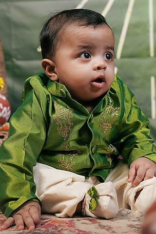 Green Handloom Cotton Silk Embroidered Kurta Set For Boys by Mirali