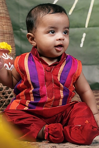 Multi-Colored Handloom Cotton Silk Kurta For Boys by Mirali