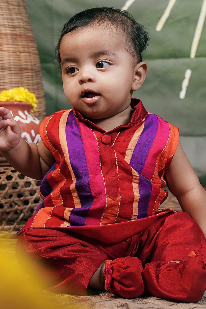 Multi-Colored Handloom Cotton Silk Kurta For Boys by Mirali at Pernia's Pop Up Shop