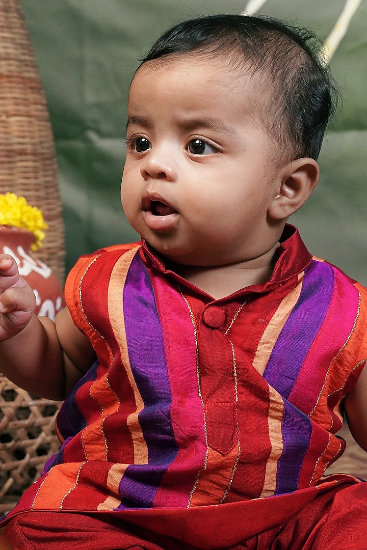 Multi-Colored Handloom Cotton Silk Kurta For Boys by Mirali at Pernia's Pop Up Shop