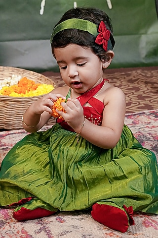 Green & Red Handloom Cotton Silk Embroidered Dress For Girls by Mirali