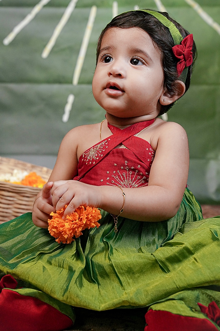 Green & Red Handloom Cotton Silk Embroidered Dress For Girls by Mirali at Pernia's Pop Up Shop
